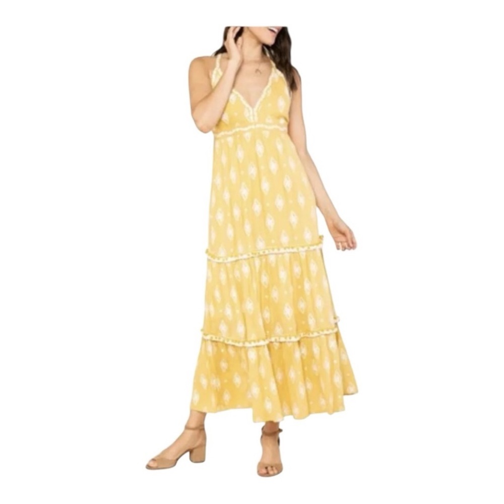 Raga Anthropologie Yellow Tiered Sleeveless Maxi Dress with Pom Pom XS
